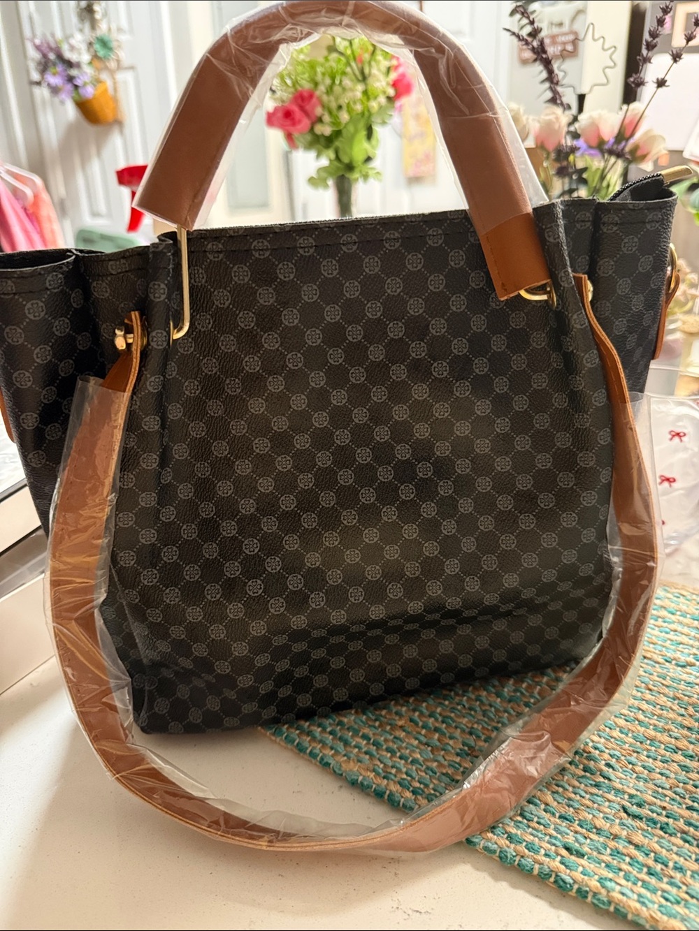 Structured navy blue Patterned Tote with Tan Handles